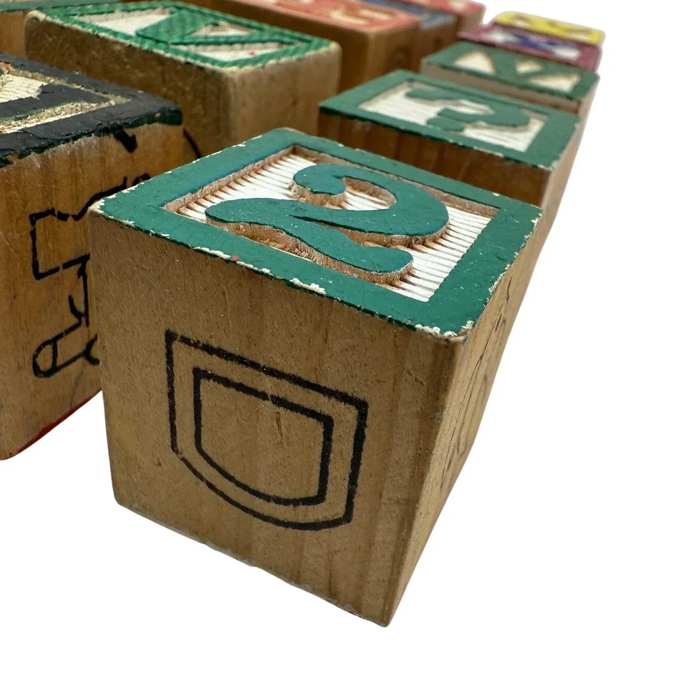 Vintage Wooden Alphabet Blocks Set Carved Letters‎ Numbers Animals 1.2